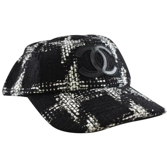 Chanel REV Black White Tweed Check CC Logo Baseball Cap Curved Peak Hat L Large main image 6
